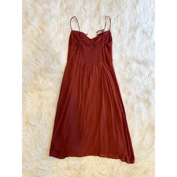 REVOLVE OPT Sweetheart Midi Dress Tie Shoulder Slit Chiffon, Rust - Picture 7 of 11